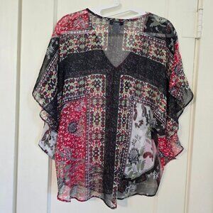 RXB In Love Red Black and Multi Patterned Batwing Sheer Top / Blouse Size L
